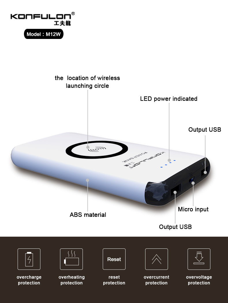 KONFULON 10000mAh Wireless Charging Safe and Efficient LED Power Indicated Dual USB Output Shaking Switch Design for Cellphone Compatible All Devices